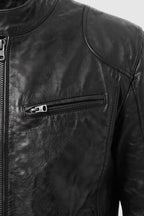 Men's Biker Jacket | Stand Collar — Black — detail — on model