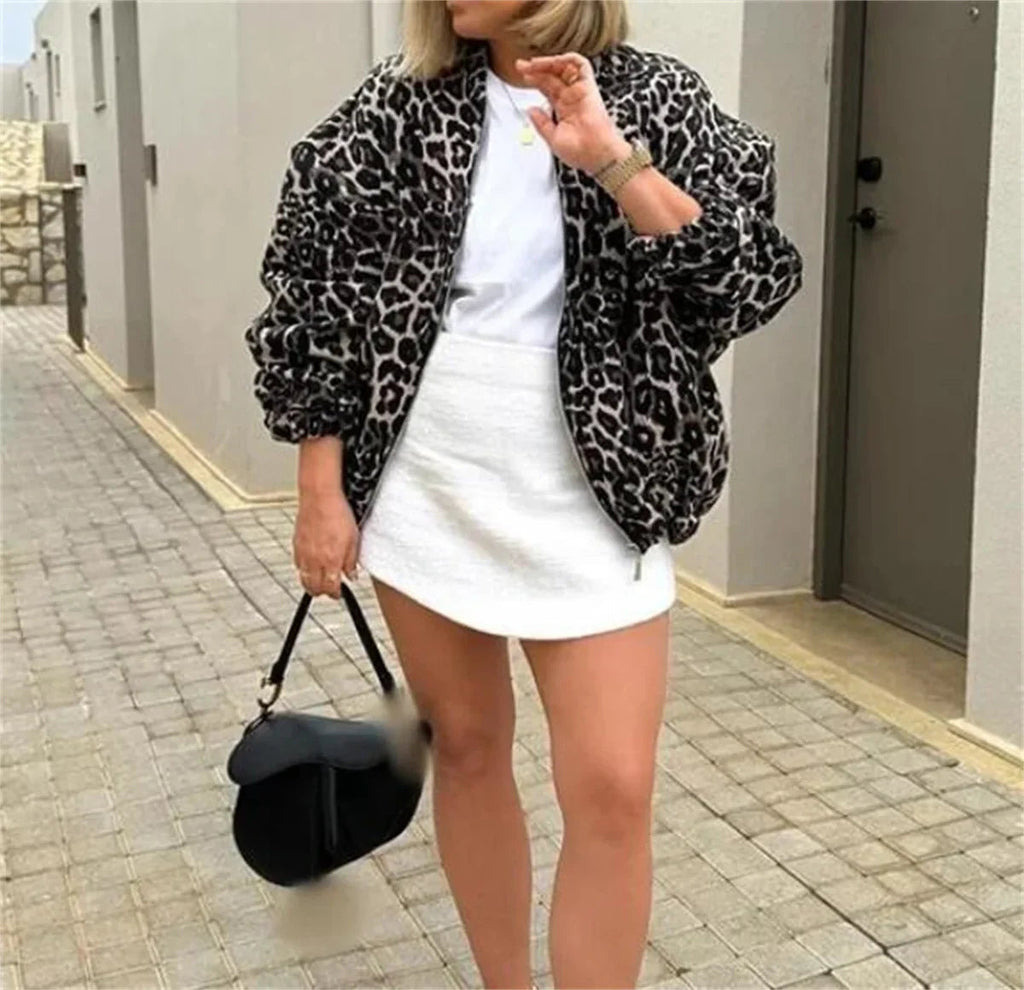 Women's Bomber Jacket | Zip & Leopard Print