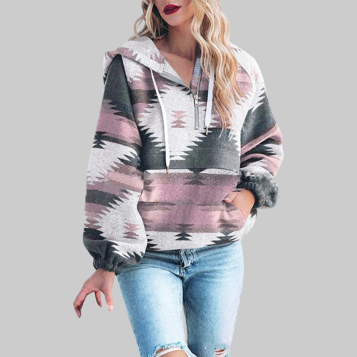 Women's Hoodie | Tribal Pattern & Half-Zip Collar