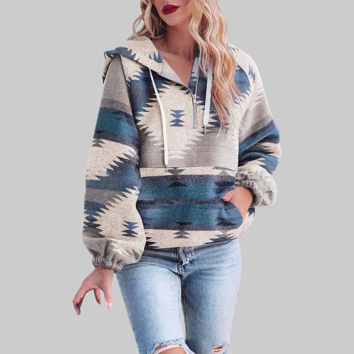 Women's Hoodie | Tribal Pattern & Half-Zip Collar