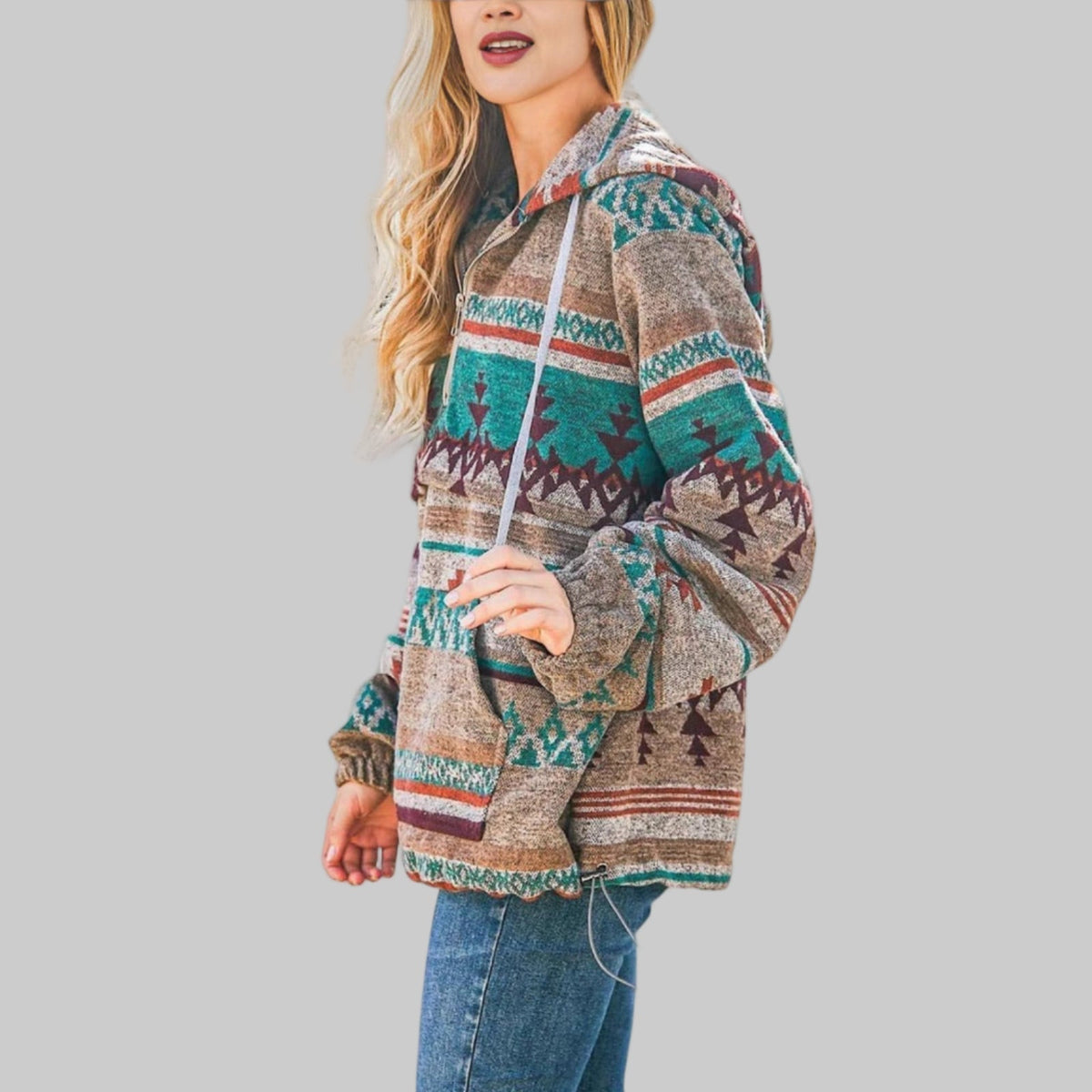 Women's Hoodie | Tribal Pattern & Half-Zip Collar