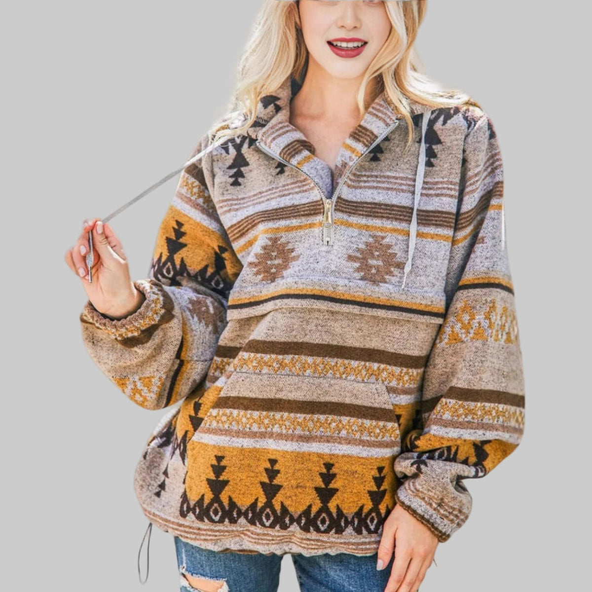 Women's Hoodie | Tribal Pattern & Half-Zip Collar