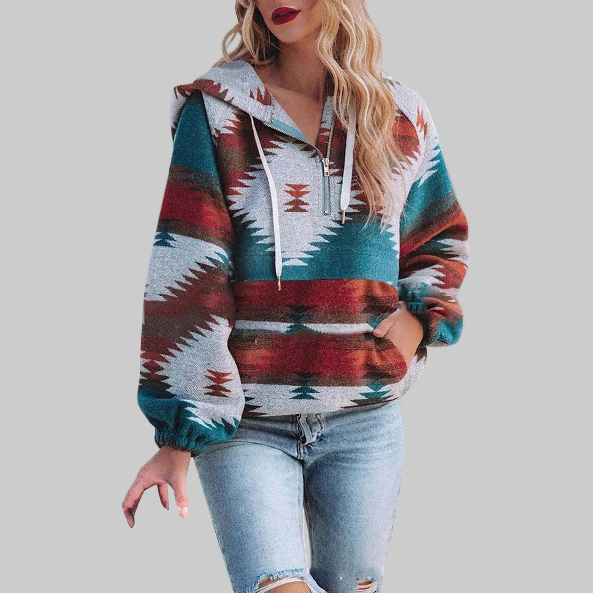 Women's Hoodie | Tribal Pattern & Half-Zip Collar