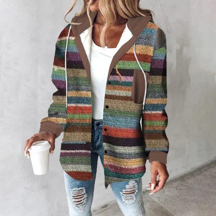 Women's Hoodie | Striped Pattern & Button Placket