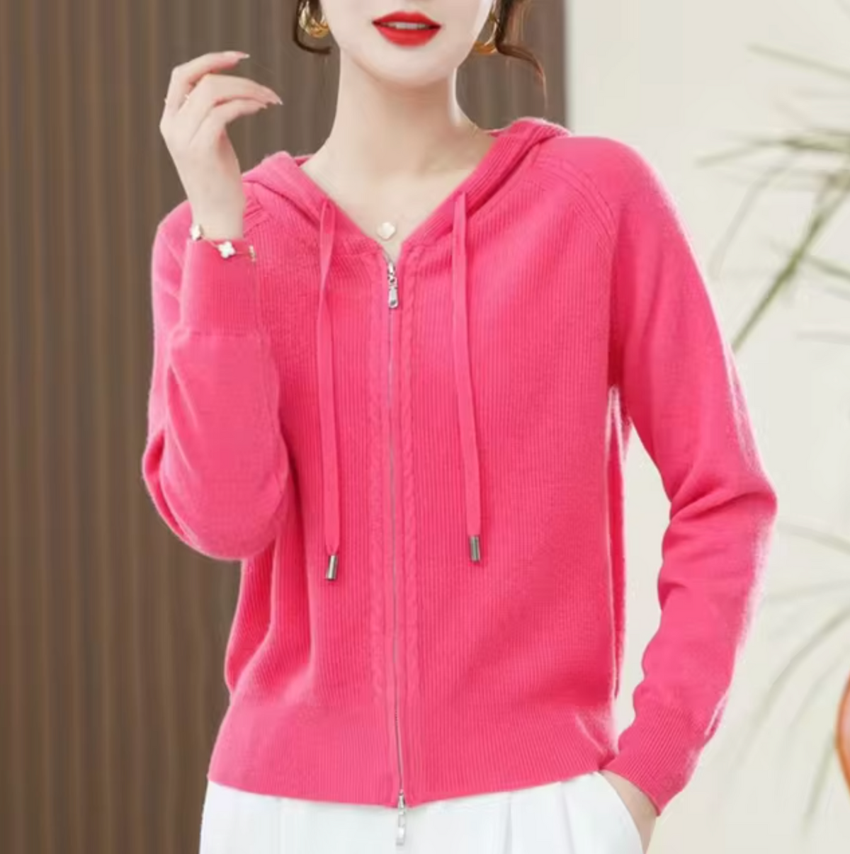 Women's Hoodie | Knitted Hood & Two-Way Zip