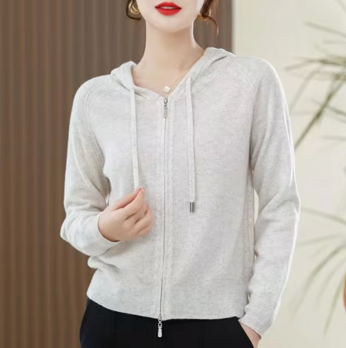 Women's Hoodie | Knitted Hood & Two-Way Zip