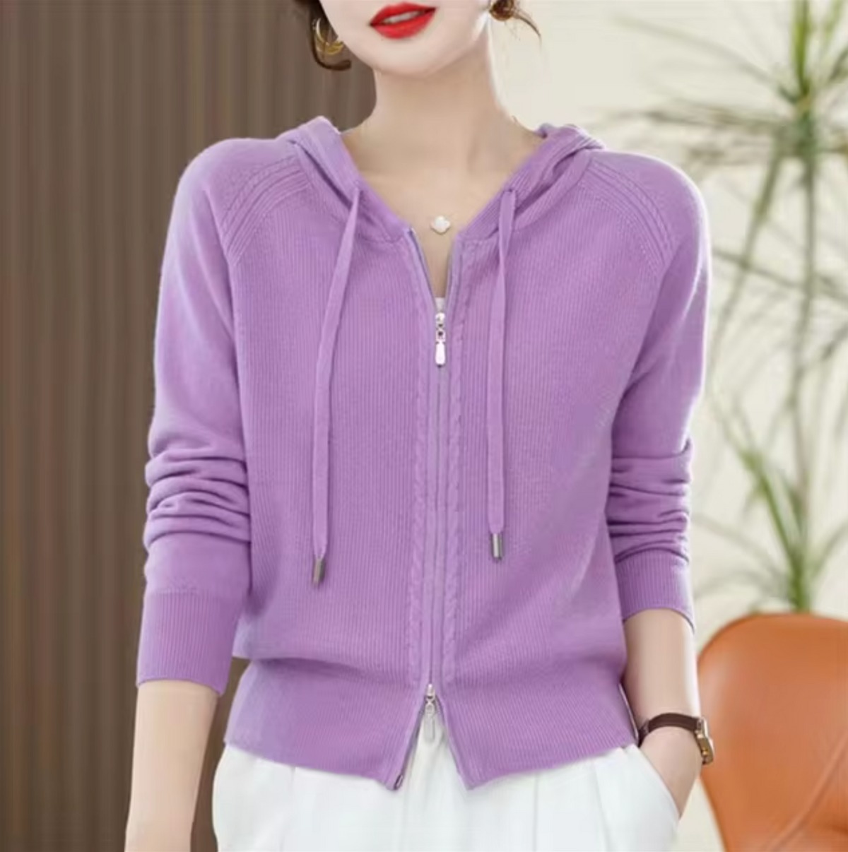 Women's Hoodie | Knitted Hood & Two-Way Zip