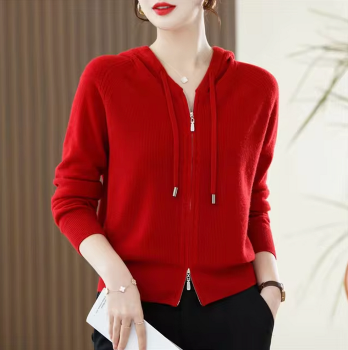 Women's Hoodie | Knitted Hood & Two-Way Zip