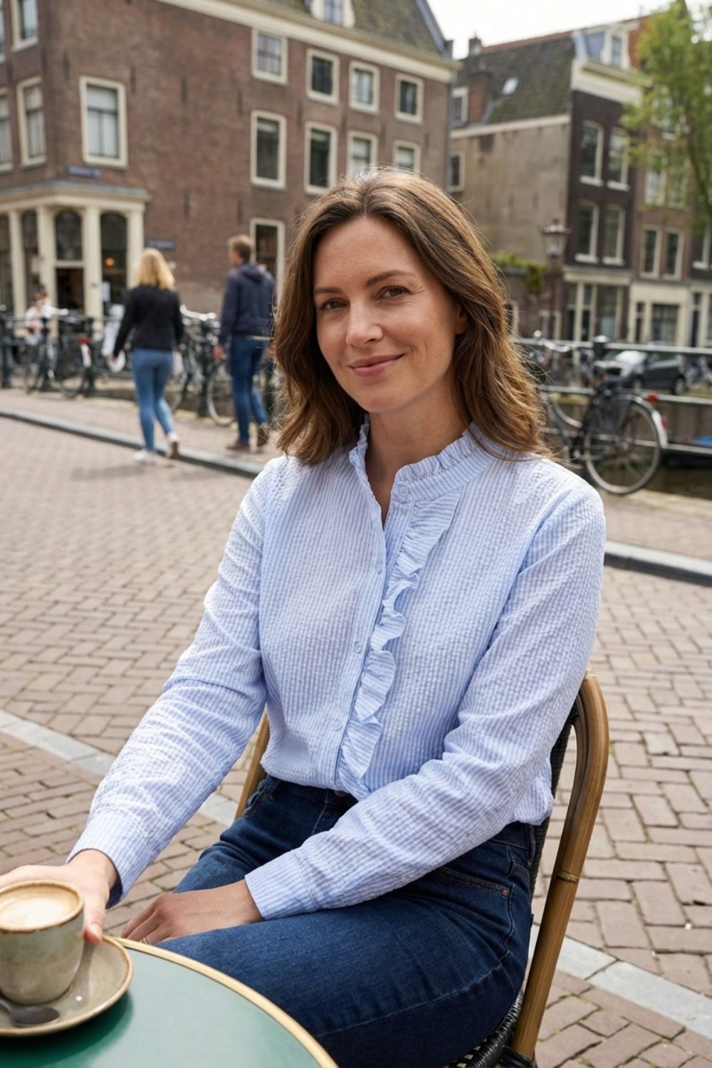 Women's Blouse with Ruffles and Stand-Up Collar