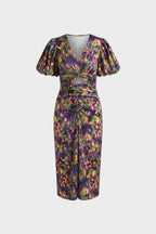 womens floral midi dress puff sleeve elegant fitted dress | Avellory