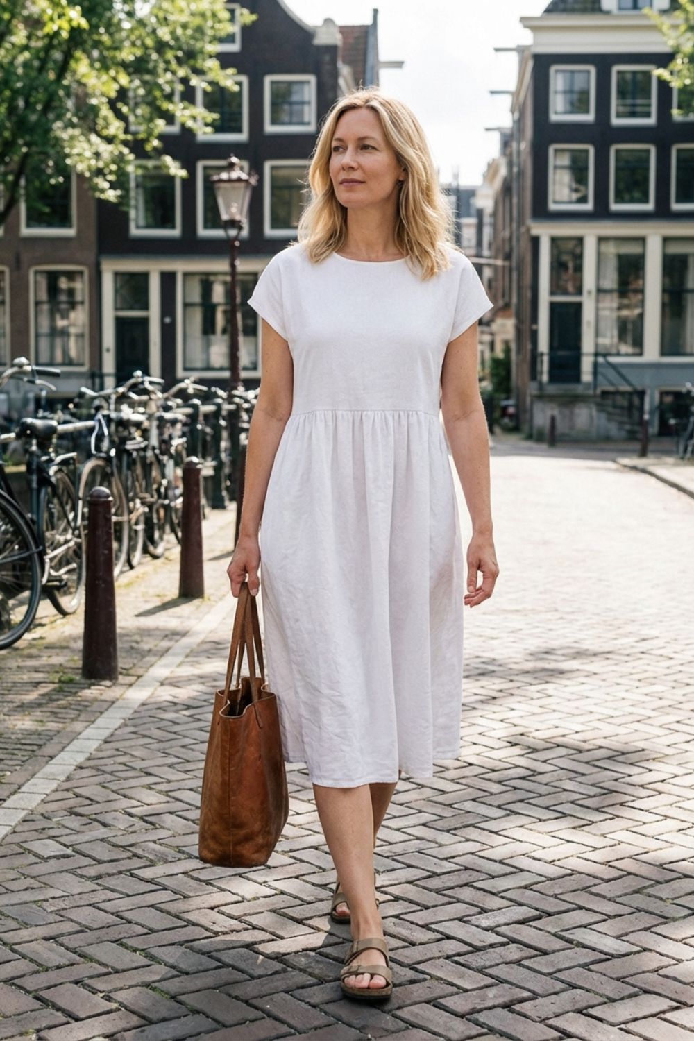 Midi Dress for Women Short Sleeve with Round Neck