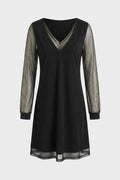 Women's A-Line Dress in Black with V-Neck and Glitter Sleeves