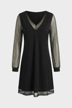 Women's A-Line Dress in Black with V-Neck and Glitter Sleeves
