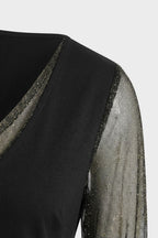 Women's A-Line Dress in Black with V-Neck and Glitter Sleeves