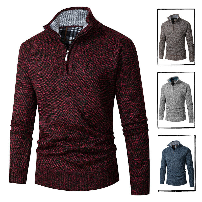 Men's Knitted Jumper | Half-Zip with Check Collar