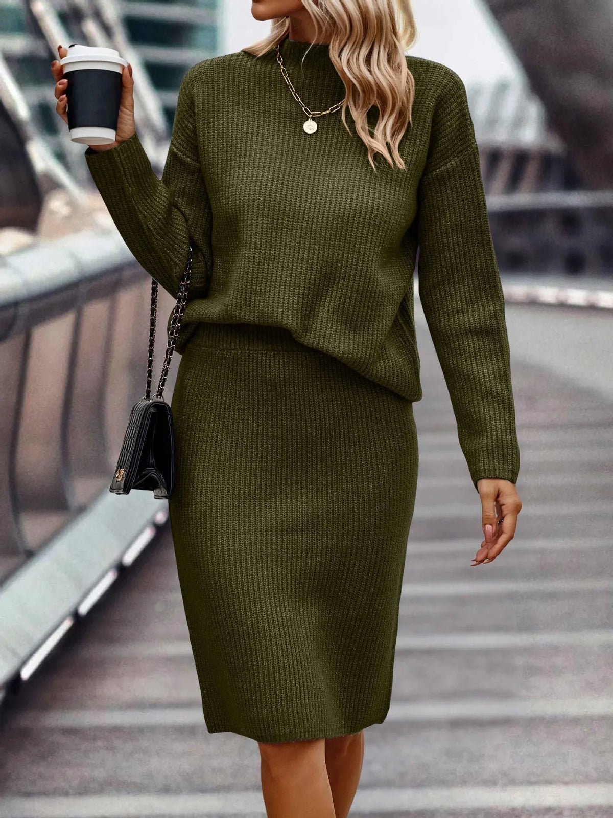 Women's Knit Set | Stand Collar & Midi Skirt