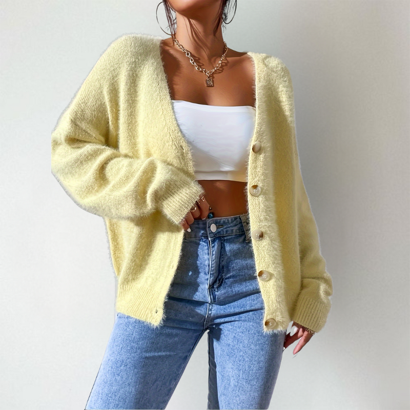 Women's Cardigan | Fluffy Look & V-Neck