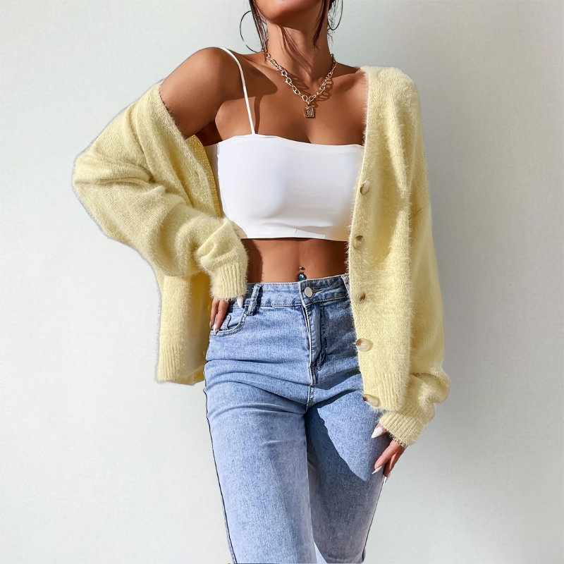 Women's Cardigan | Fluffy Look & V-Neck