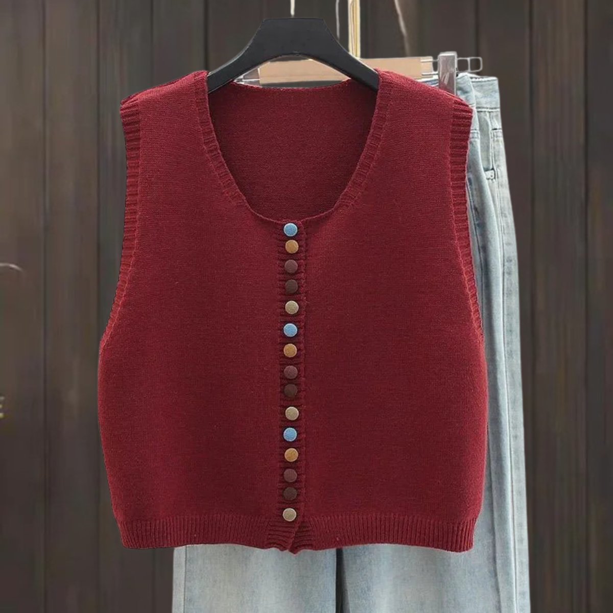 Women's Knitted Gilet | Colourful Buttons & Sleeveless