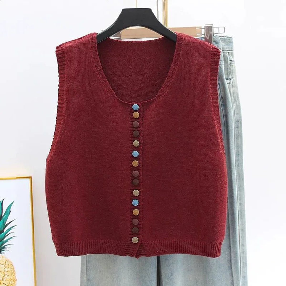 Women's Knitted Gilet | Colourful Buttons & Sleeveless