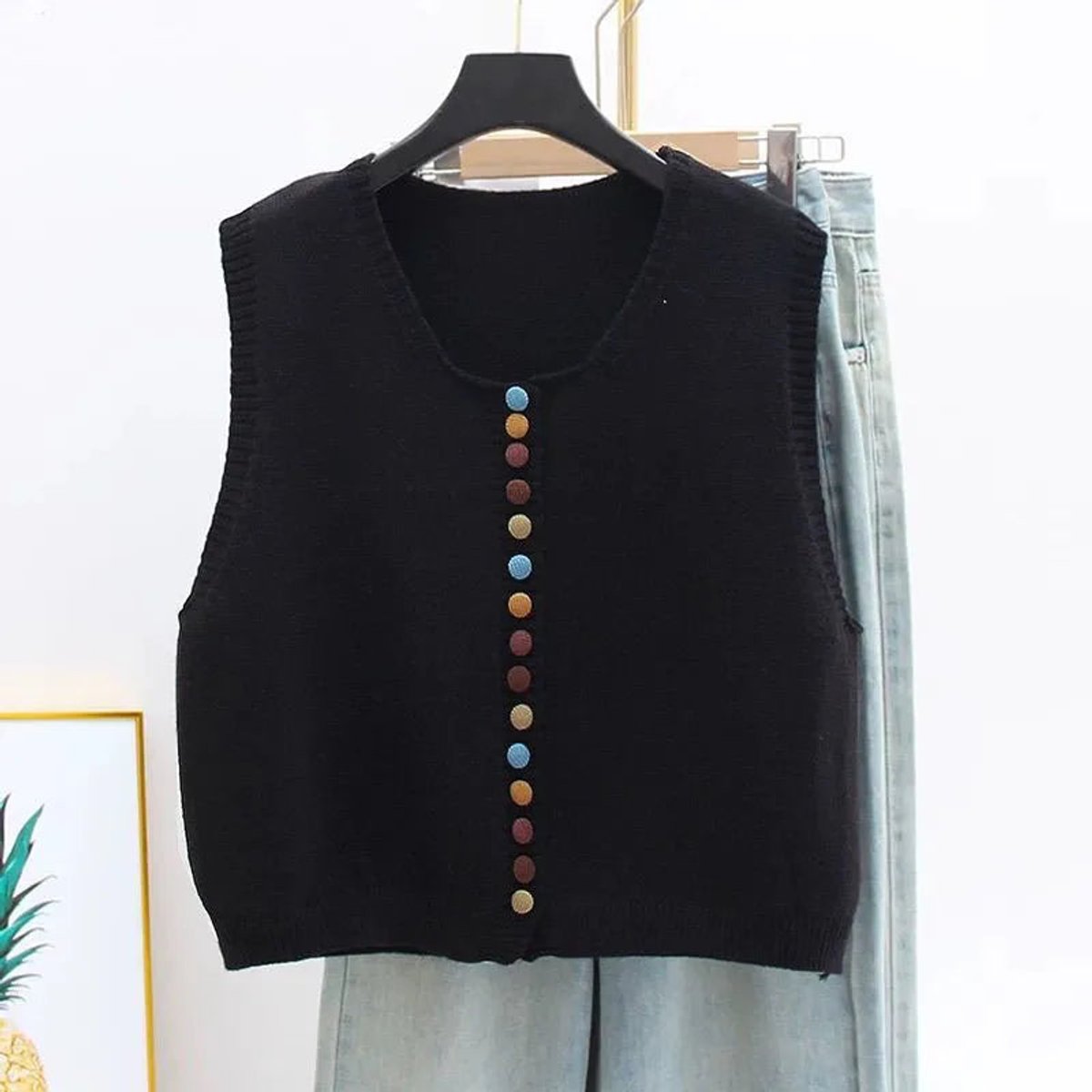 Women's Knitted Gilet | Colourful Buttons & Sleeveless