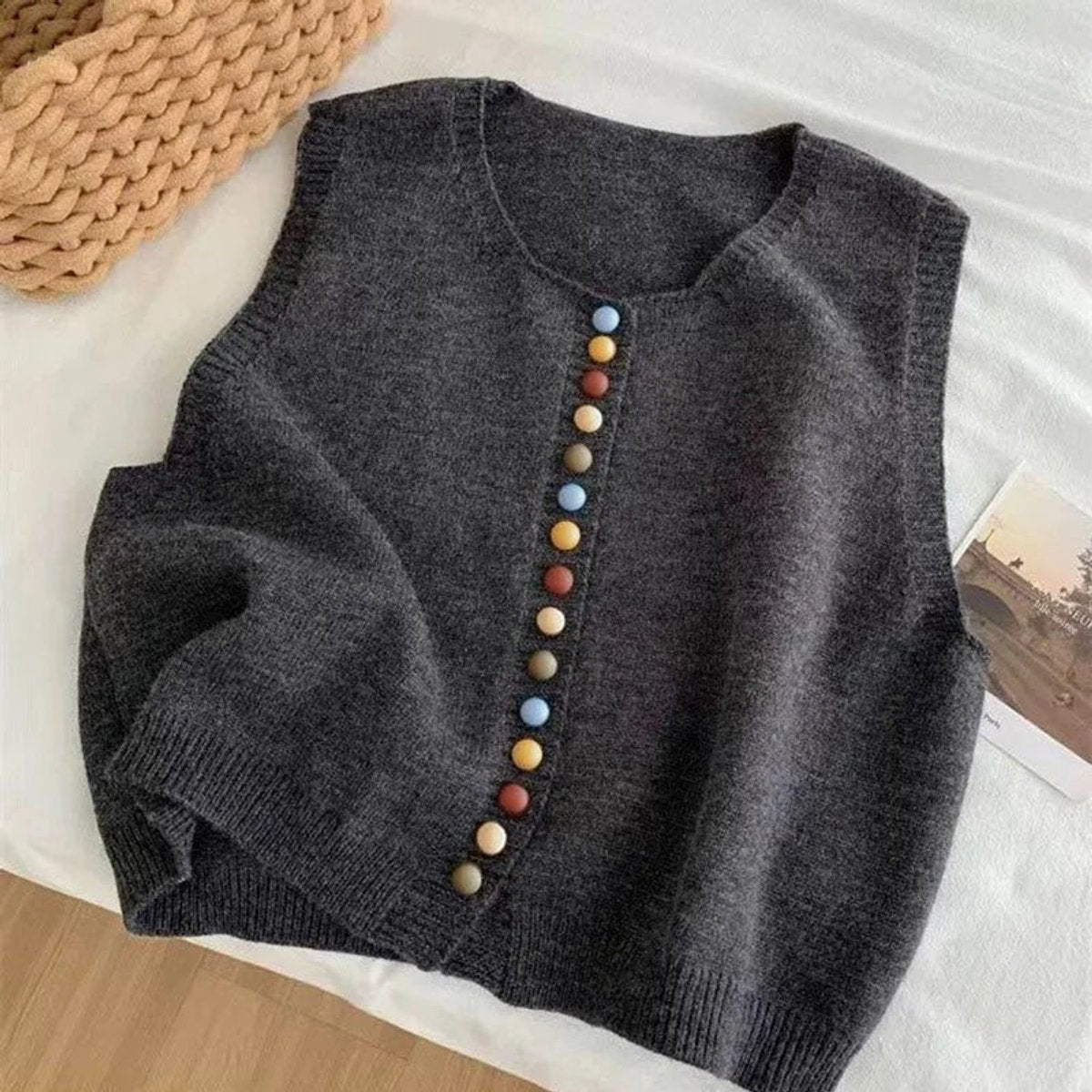 Women's Knitted Gilet | Colourful Buttons & Sleeveless