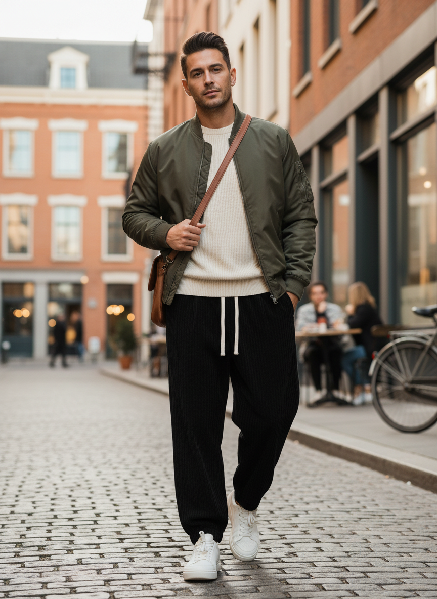 Men's Cord Trousers with Elastic Waistband and Wide Leg