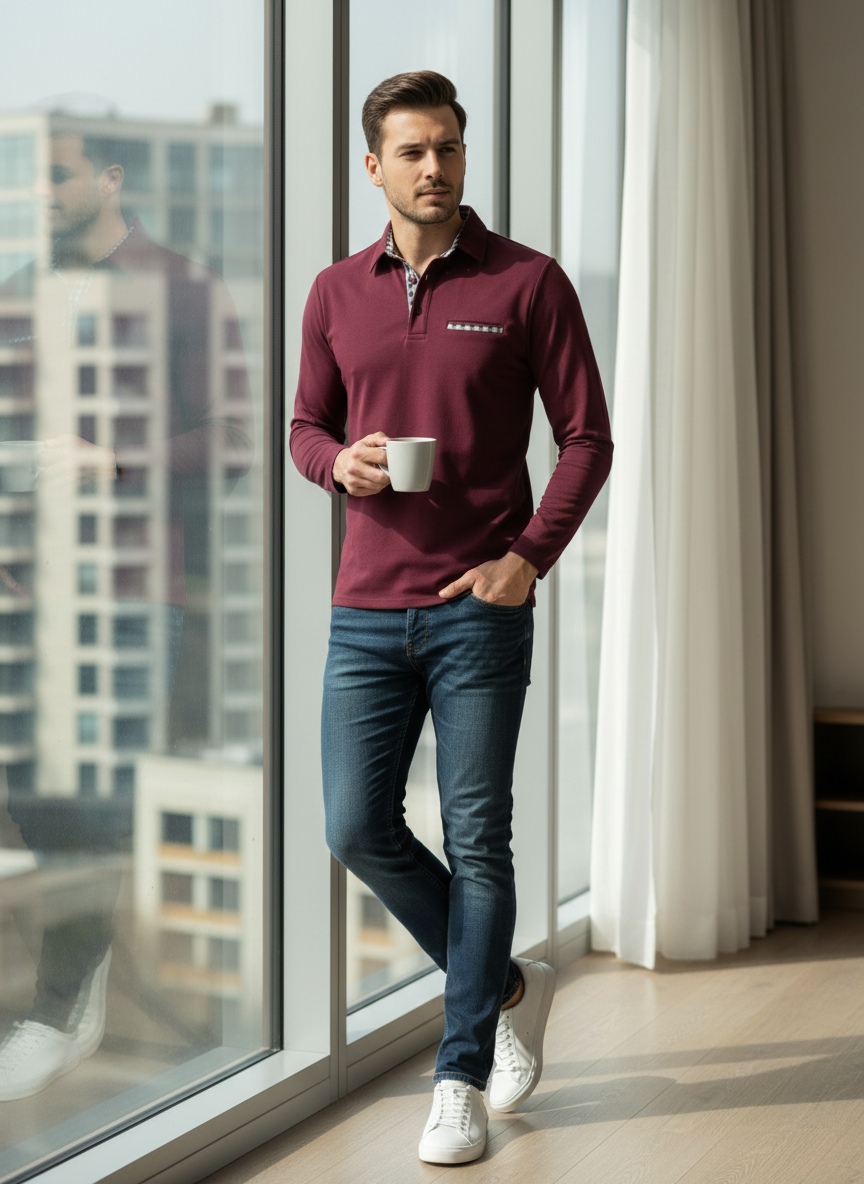 Men's Long Sleeve Polo Shirt with Collar and Chest Pocket