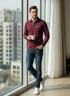 Men's Long Sleeve Polo Shirt with Collar and Chest Pocket
