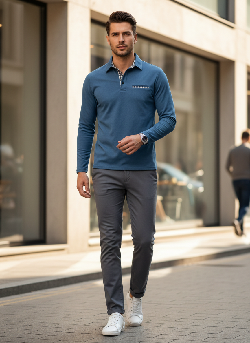 Men's Long Sleeve Polo Shirt with Collar and Chest Pocket