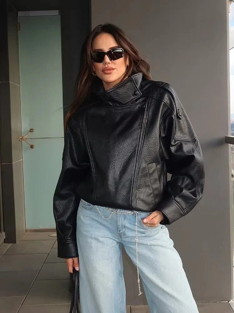Women's Biker Jacket | Oversized Cut with High Collar